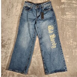 Ed Hardy Jeans Women's Size 30 Blue Wide Leg Tattoo Print Denim WEHD8500-2